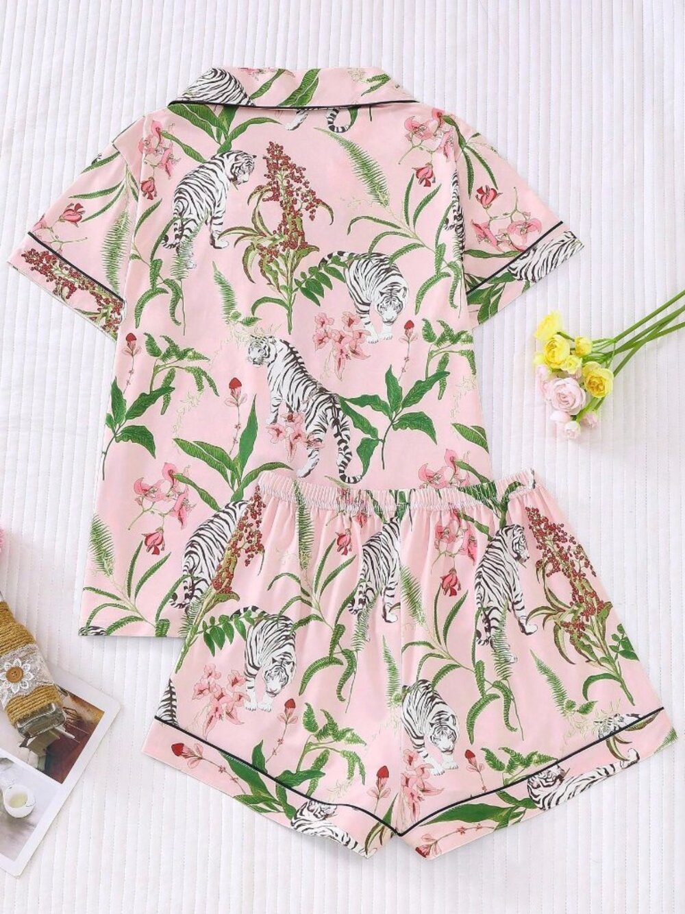 Pink Floral Tiger Print Women's Pajama Short Sleeve Collared Top and Shorts set - Picture 2 of 8